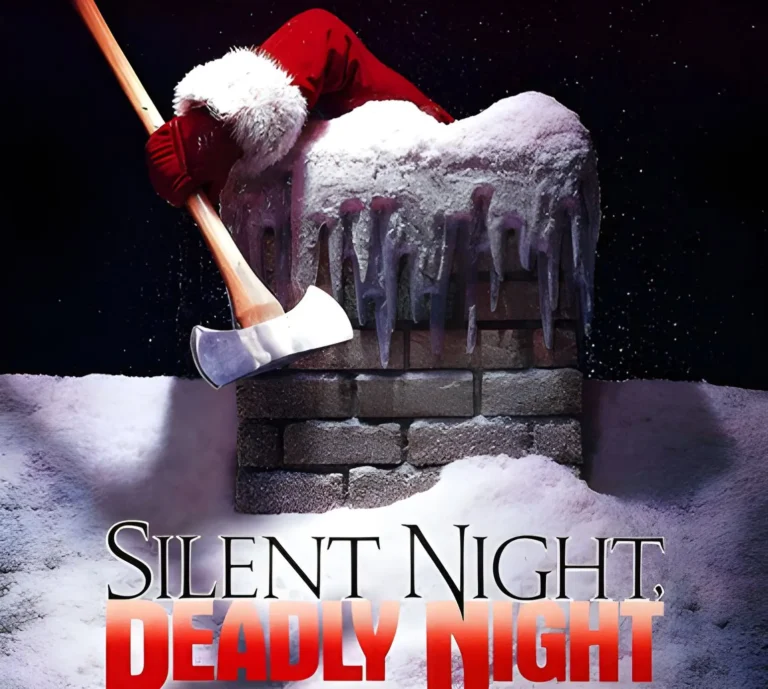 The official movie poster for Silent Night, Deadly Night (1984) featuring the axe wielding arm of a killer in a Santa Claus costume.