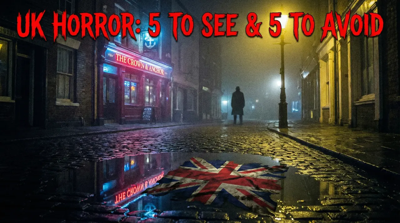 The image is a cinematic horror blog cover. It depicts a dark, wet cobblestone street in a foggy British town at night, illuminated by the sickly yellow glow of a flickering gas lamp. In the foreground, a tattered, blood-splattered Union Jack flag is half-submerged in a dirty puddle, reflecting the neon sign of a pub named "THE CROWN & ANCHOR". A shadowy figure stands in the distance. Large, jagged, red text at the top reads "UK HORROR: 5 TO SEE & 5 TO AVOID". The atmosphere is gritty and foreboding.