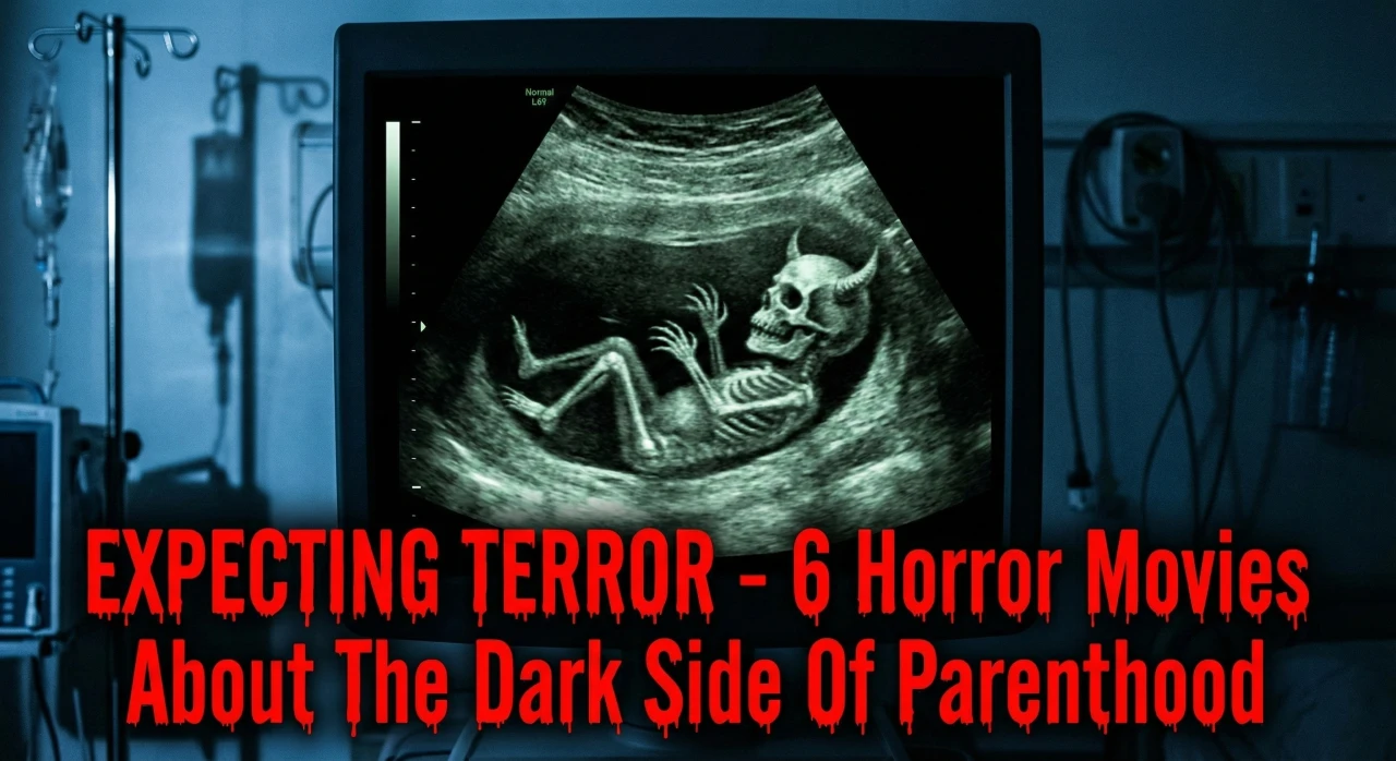 A close-up of a medical ultrasound monitor in a dark, shadowy hospital room. The screen displays a grainy black-and-white image of a demonic, skeletal fetus with sharp claws. The text "EXPECTING TERROR - 6 Horror Movies About The Dark Side Of Parenthood" is displayed at the bottom in a bold, blood-red font.