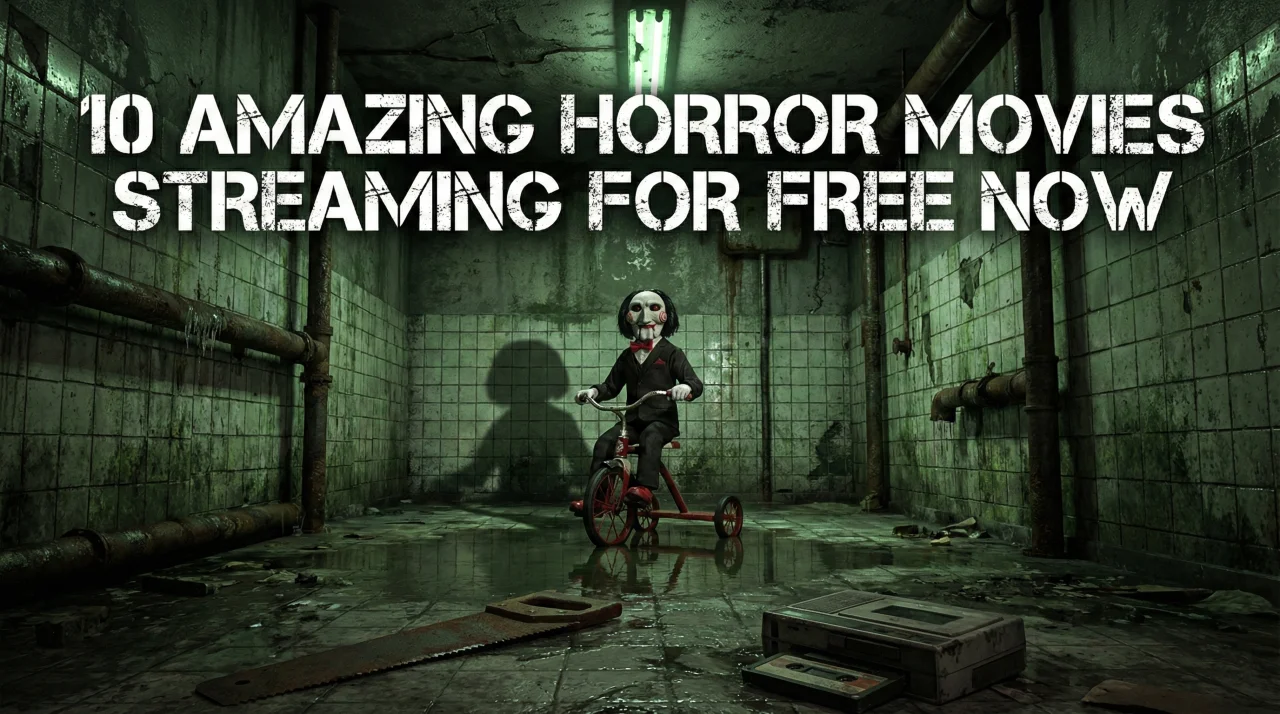 A gritty, atmospheric blog cover image set in a dilapidated industrial bathroom with filthy green tiles and rusted pipes. In the center, Billy the Puppet from the Saw franchise sits on his tricycle, casting a dark shadow. In the foreground, a rusty hacksaw and a cassette player lie on the wet, dirty floor. The text "10 AMAZING HORROR MOVIES STREAMING FOR FREE NOW" is displayed at the top in a distressed, grungy white font.