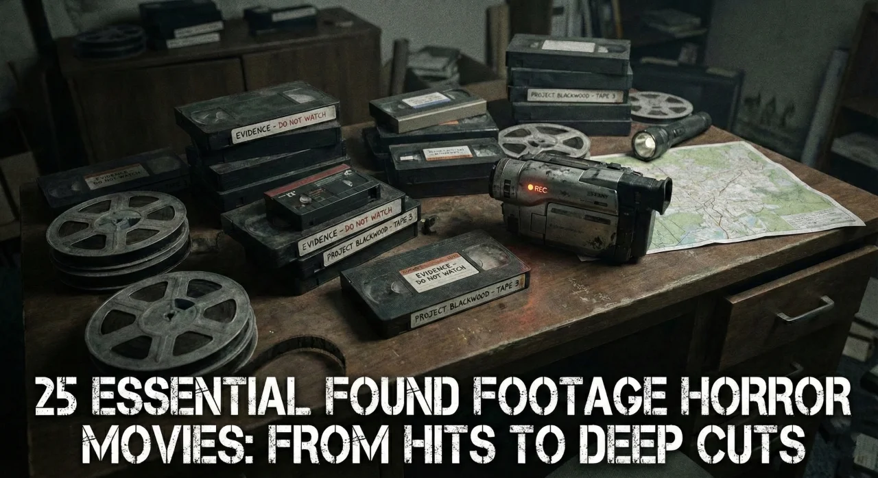 A wooden desk covered in found footage horror props, including stacks of VHS tapes labeled "evidence," film reels, a map, a flashlight, and an old camcorder. The text "25 ESSENTIAL FOUND FOOTAGE HORROR MOVIES: FROM HITS TO DEEP CUTS" is displayed at the bottom in a distressed white font.