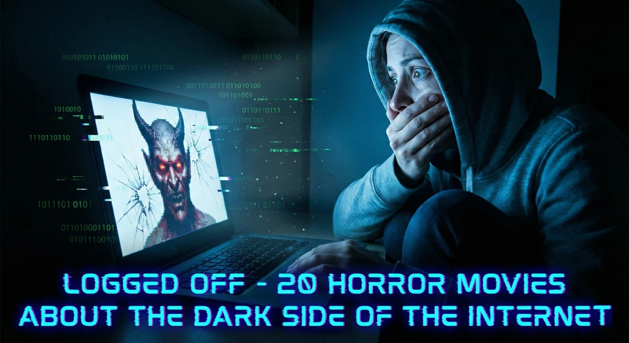 A terrified person in a dark, blue-lit room stares at a laptop screen where a glitchy, demonic face is pressing against the glass. Digital artifacts and binary code float in the air. The text "LOGGED OFF - 20 HORROR MOVIES ABOUT THE DARK SIDE OF THE INTERNET" is displayed at the bottom in a glitchy neon blue font.
