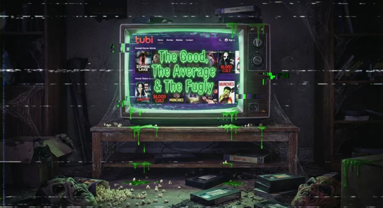 A vintage CRT television sitting in a dark, messy room displays a glitchy streaming interface resembling Tubi. The screen features rows of low-budget horror movie thumbnails and the neon green text "The Good, The Average & The Fugly". Green slime drips from the TV frame onto a table, and spilled popcorn litters the floor amid a VHS static aesthetic.