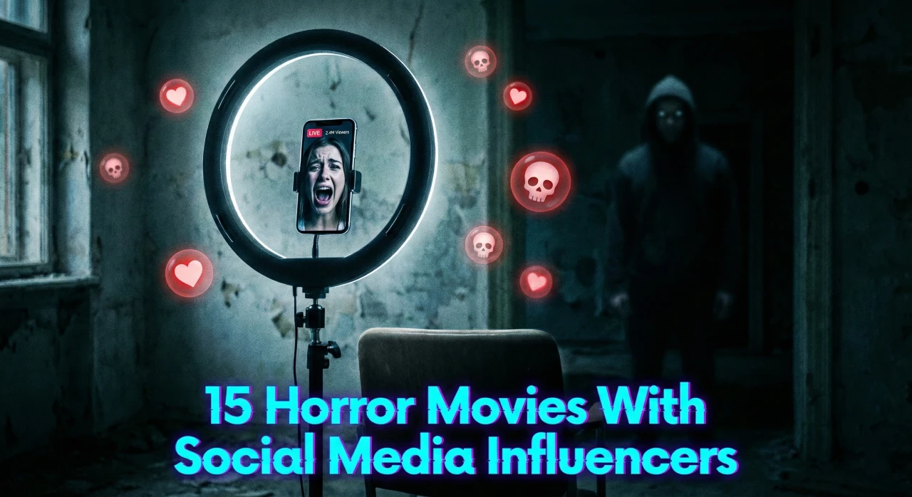 A smartphone mounted on a ring light stands in a dark, decrepit room. The phone screen displays a screaming influencer, surrounded by floating holographic red hearts and skull emojis, while a shadowy figure lurks in the background. The text "15 Horror Movies With Social Media Influencers" is displayed in a modern, glitchy neon blue font.