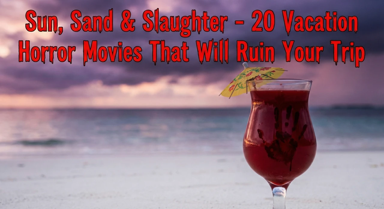 A tropical cocktail glass filled with dark red blood sits on a white sandy beach under a bruised purple sky. The glass features a small paper umbrella and a bloody handprint smeared on the side. The text "Sun, Sand & Slaughter - 20 Vacation Horror Movies That Will Ruin Your Trip" is displayed at the top in a jagged red horror font.