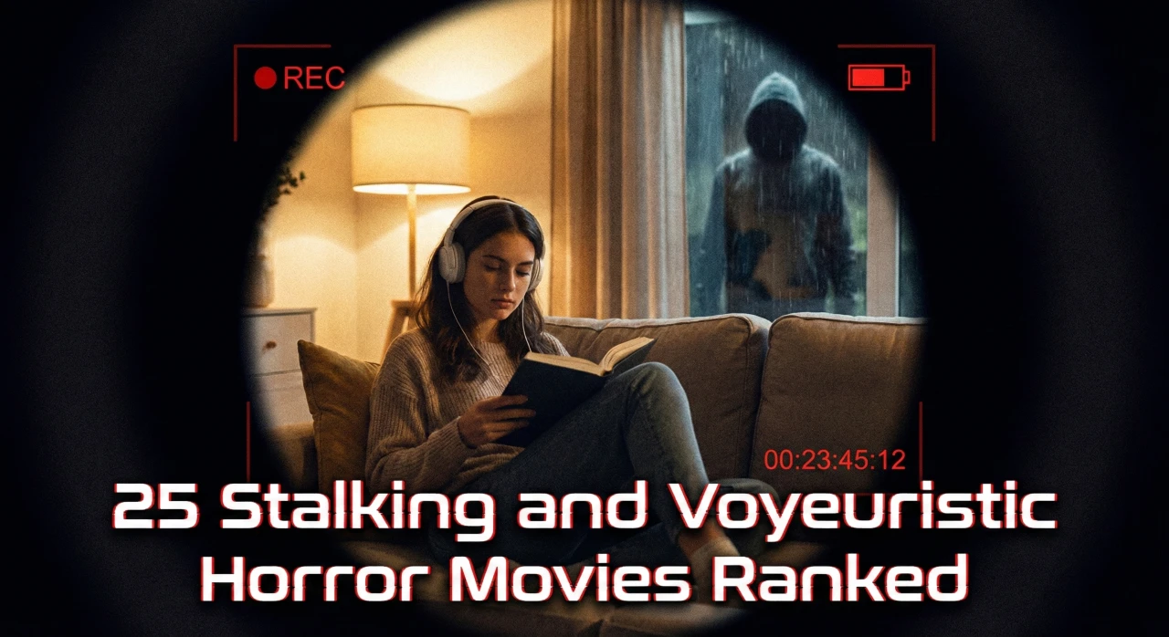 A view through a circular spy camera lens showing an unsuspecting woman reading a book on a sofa. A dark, hooded stalker is visible standing in the rain outside the window behind her. Digital overlays show "REC" and a battery icon. The text "25 Stalking and Voyeuristic Horror Movies Ranked" is displayed at the bottom in a glitchy font.