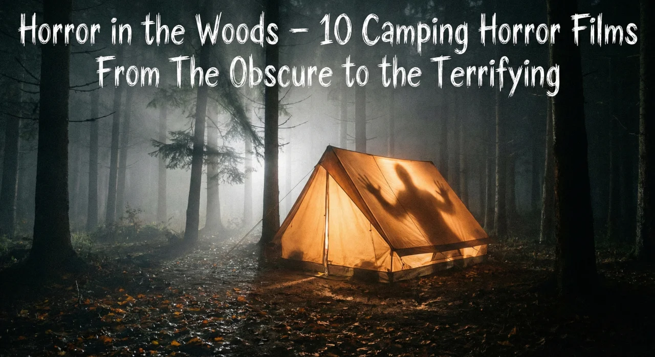 A glowing camping tent pitched in a dark, misty forest at night, with a menacing shadow of a figure projected onto the side of the canvas. The text "Horror in the Woods – 10 Camping Horror Films From The Obscure to the Terrifying" is displayed in a distressed white font at the top.