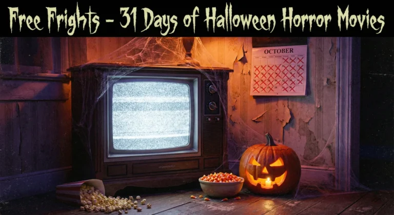 A retro television glowing with static sits in a spooky, cobweb-filled room next to a glowing jack-o'-lantern, a bowl of candy corn, and scattered popcorn. On the peeling wall behind, an October calendar has days crossed out in red ink. The text "Free Frights - 31 Days of Halloween Horror Movies" is displayed at the top in a spooky, jagged font.