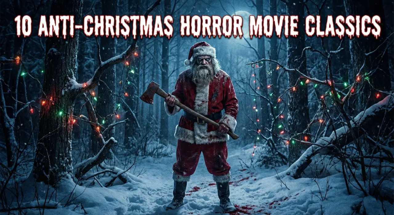 A menacing, dirty Santa Claus holding a rusty axe stands in a dark, snowy forest illuminated by broken, tangled Christmas lights. The text "10 ANTI-CHRISTMAS HORROR MOVIE CLASSICS" is displayed at the top in a red, dripping horror font.