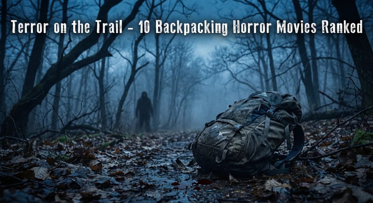 An abandoned backpack lying on a muddy forest trail with a spooky figure in the background, representing backpacking horror movies.