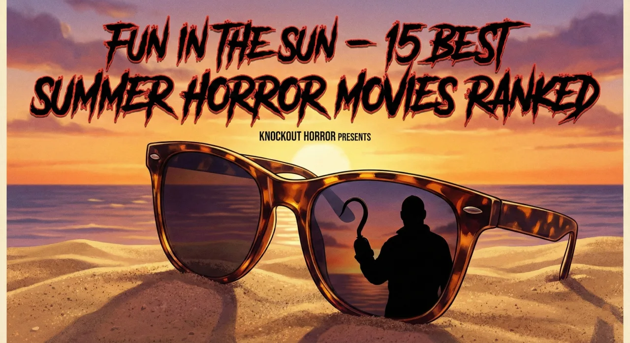 A promotional image for a horror movie listicle. The title "FUN IN THE SUN – 15 BEST SUMMER HORROR MOVIES RANKED" is in red, jagged text at the top. Below it, a pair of sunglasses rests on a sandy beach at sunset, with the silhouette of a hook-handed figure reflected in the lenses. The text "KNOCKOUT HORROR PRESENTS" is above the sunglasses.