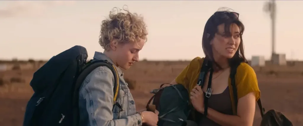 A screenshot from backpacking thriller movie The Royal Hotel (2023)