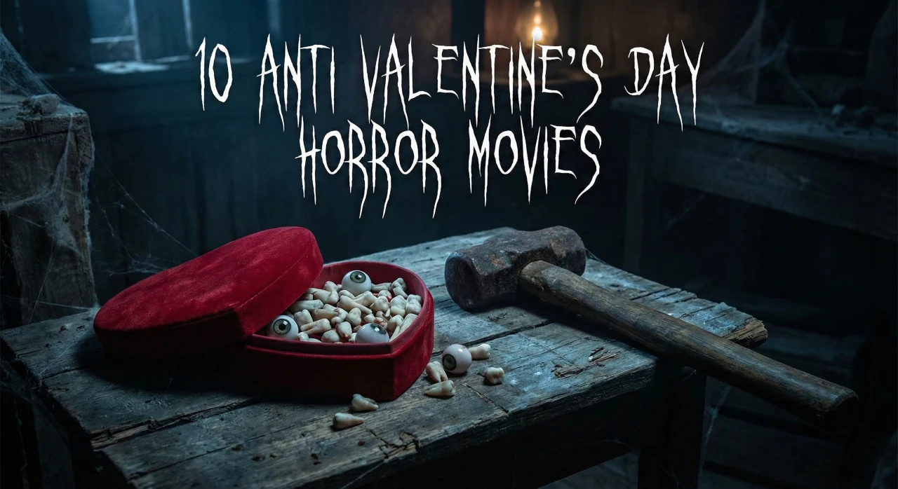 A red velvet heart-shaped box filled with human teeth and eyeballs sits on a distressed wooden table next to a heavy sledgehammer. The scene is lit with a moody, cold blue light, and the text "10 ANTI VALENTINE'S DAY HORROR MOVIES" is displayed above in a scratchy white font.
