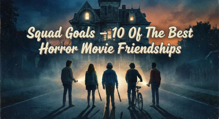 A group of teenage friends holding flashlights and baseball bats facing a spooky house on a foggy street at night, with the title text "Squad Goals - 10 Of The Best Horror Movie Friendships" in a retro font.