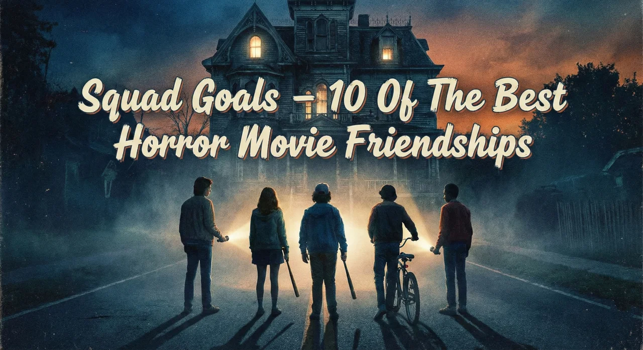 A group of teenage friends holding flashlights and baseball bats facing a spooky house on a foggy street at night, with the title text "Squad Goals - 10 Of The Best Horror Movie Friendships" in a retro font.