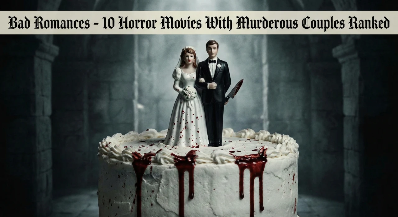 A close-up photograph of a vintage bride and groom wedding cake topper on a white cake. The groom figurine holds a bloody knife behind his back, and both figures and the cake are splattered with blood that drips down the sides. The background is a dark, gothic stone archway, and a banner at the top reads "Bad Romances - 10 Horror Movies With Murderous Couples Ranked".