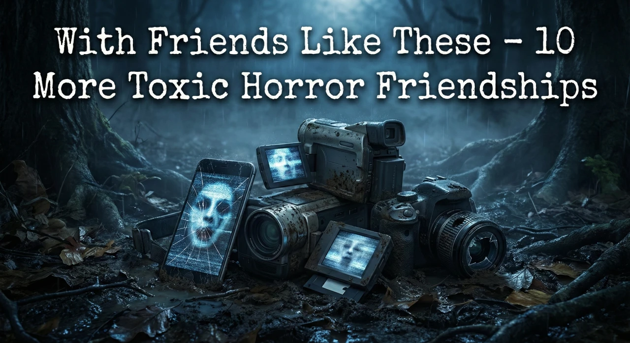 A pile of broken and muddy recording devices, including a cracked smartphone and VHS camcorder, lying on a dark forest floor with screens flickering with ghostly static. The title text "With Friends Like These - 10 More Toxic Horror Friendships" is displayed at the top.