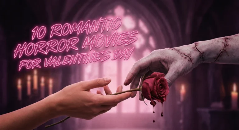 A living hand reaches for a stitched, reanimated corpse hand, both holding a single red rose that drips blood. In the background, there is a gothic archway window and candles. The text "10 ROMANTIC HORROR MOVIES FOR VALENTINE'S DAY" is in neon pink script above the hands. The lighting is moody pink and purple.