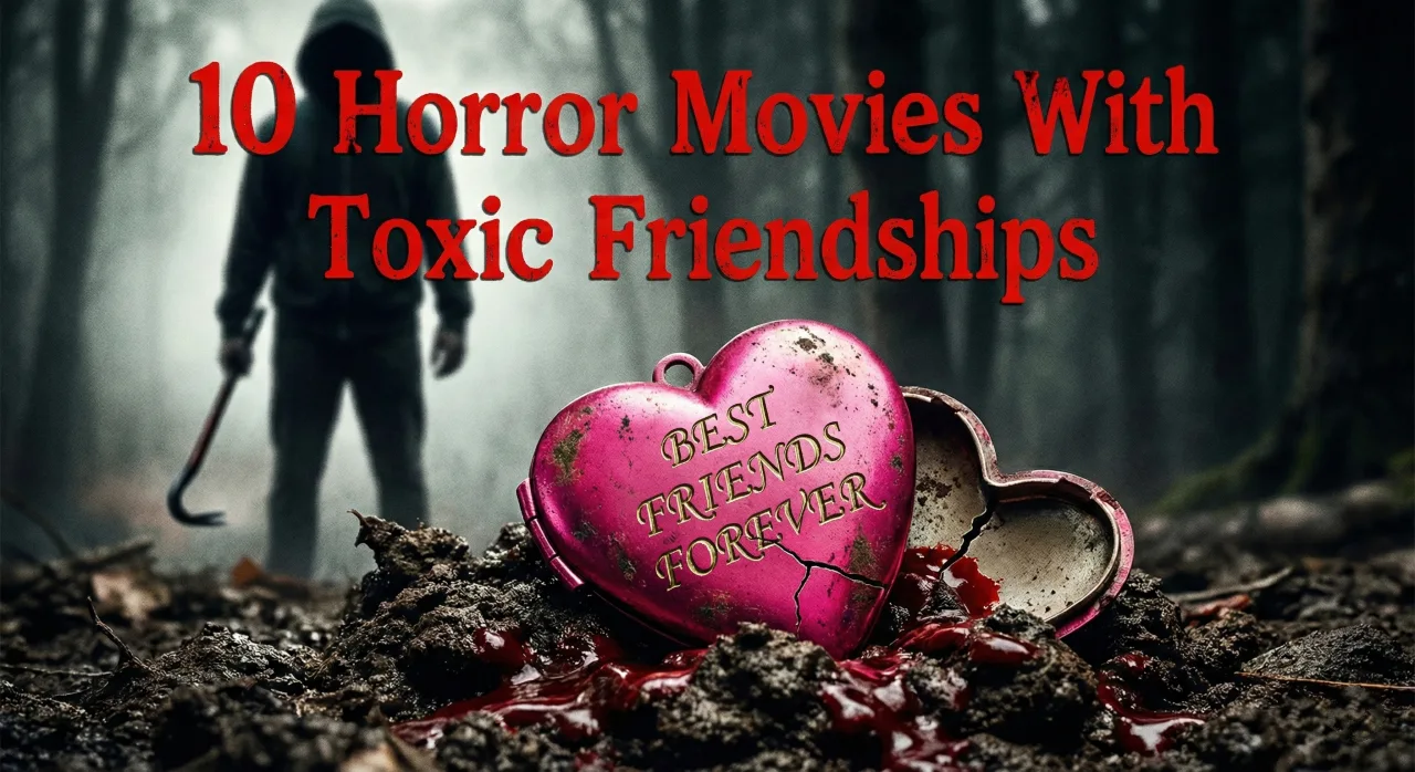 A cracked, bright pink heart-shaped locket engraved with "BEST FRIENDS FOREVER" lying open in a pile of mud and blood on a dark forest floor. A blurred, hooded figure holding a crowbar stands in the background. The image is a cover for the article titled "10 Horror Movies With Toxic Friendships" in red text at the top.
