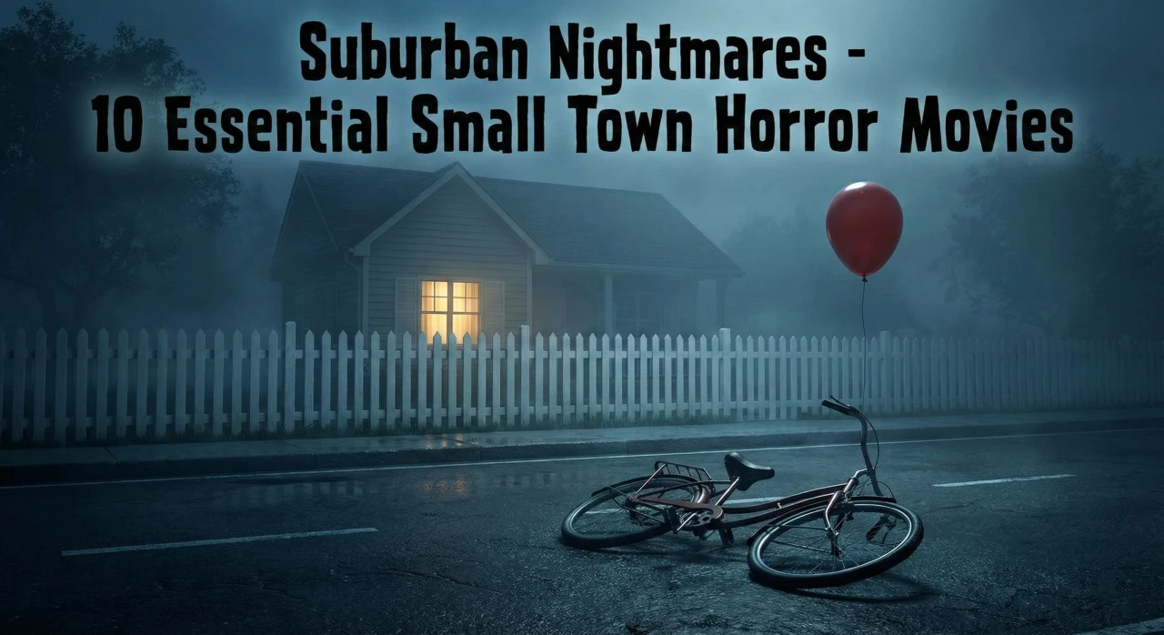 An abandoned bicycle lying on a wet, foggy suburban street next to a floating red balloon, with a house and white picket fence in the background and the title text "Suburban Nightmares - 10 Essential Small Town Horror Movies."