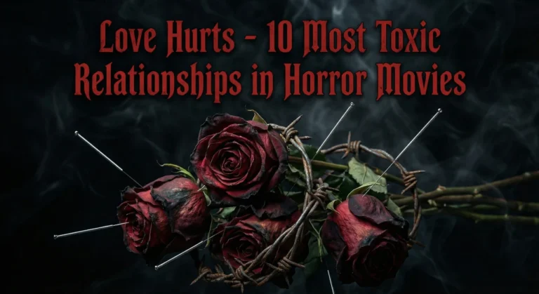 Decaying dark red roses wrapped in rusted barbed wire and pierced by silver acupuncture needles against a dark smoky background, with the title text "Love Hurts - 10 Most Toxic Relationships in Horror Movies."
