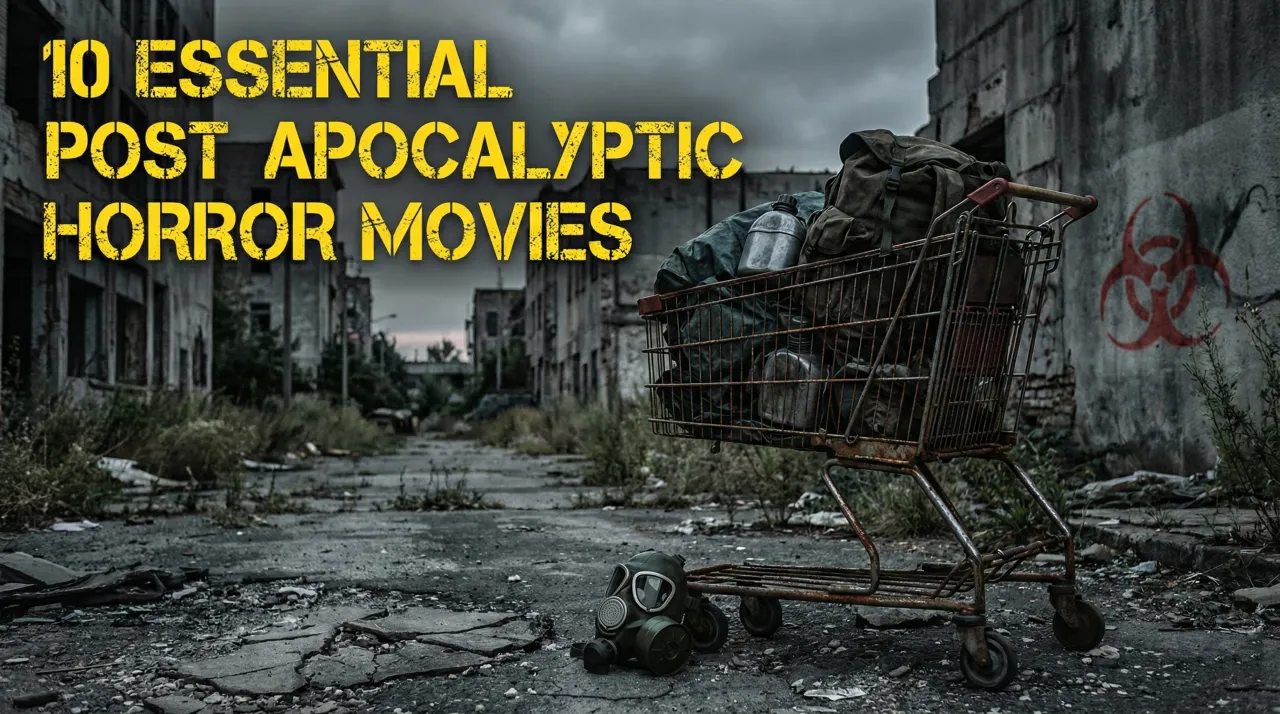 A desolate, post-apocalyptic blog cover image. In the foreground, a rusty shopping cart overflowing with backpacks and supplies stands on a cracked, overgrown city street. A gas mask lies on the ground nearby. In the background, abandoned concrete buildings under a gloomy sky have a red biohazard symbol spray-painted on one wall. Distressed yellow text in the top left reads "10 ESSENTIAL POST APOCALYPTIC HORROR MOVIES".