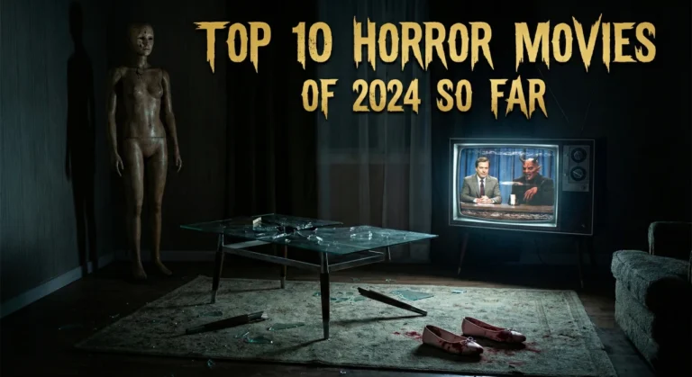 A dark, atmospheric blog cover with distressed gold text at the top reading "TOP 10 HORROR MOVIES OF 2024 SO FAR". The scene features a creepy wooden mannequin in a corner, a shattered glass coffee table in the center, a vintage television showing a talk show host with a devil, and bloody pink ballet slippers on the floor, referencing films like Oddity, The Coffee Table, Late Night With The Devil, and Abigail.