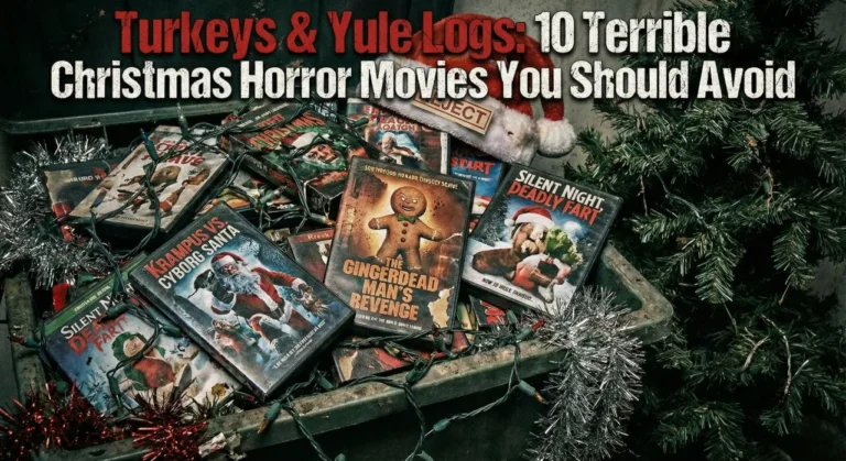 A grimy trash bin overflowing with tangled lights, tinsel, and fake bad Christmas horror movie DVDs like "Krampus vs. Cyborg Santa," topped with a "REJECT" Santa hat. The title text "Turkeys & Yule Logs: 10 Terrible Christmas Horror Movies You Should Avoid" overlays the top.