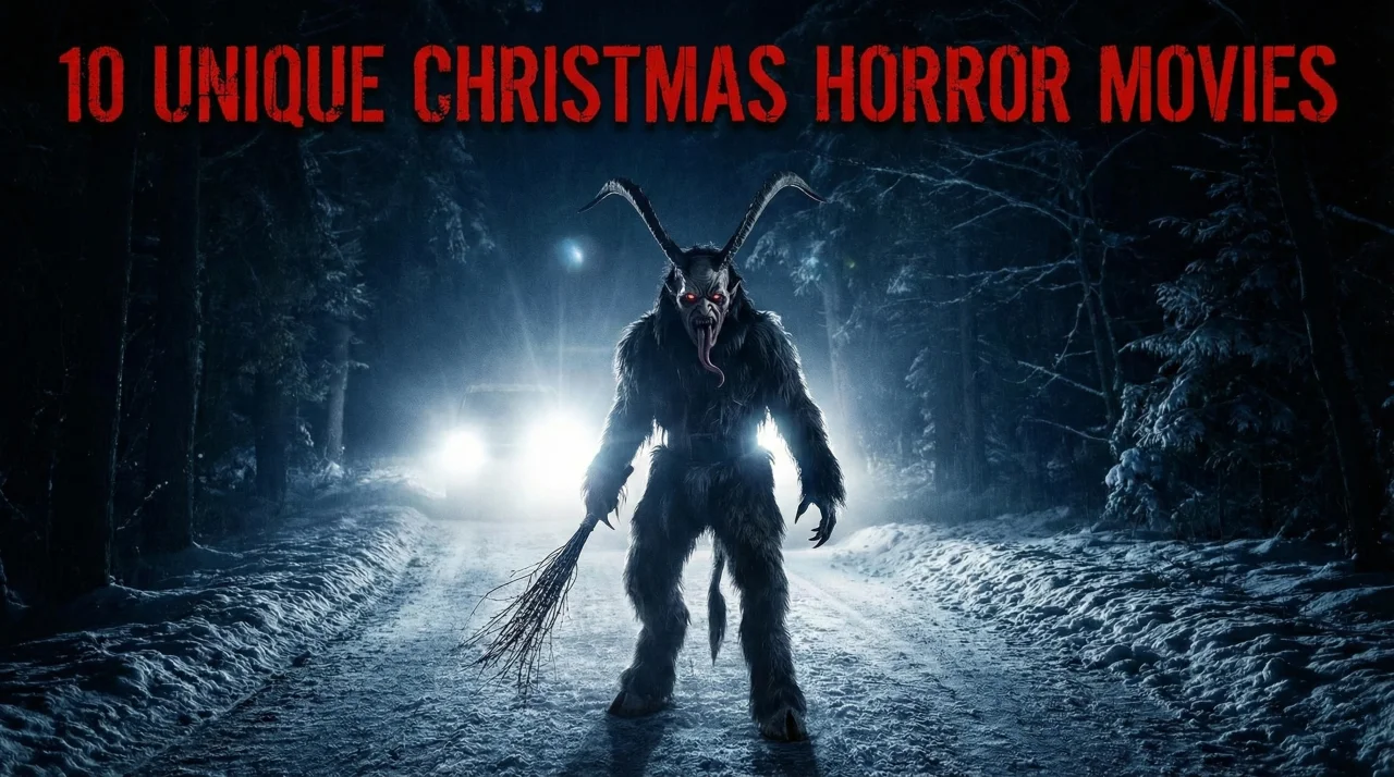 A dark, ominous blog cover image featuring the distressed red text "10 UNIQUE CHRISTMAS HORROR MOVIES" across the top. Below it, a sinister Krampus figure with long horns, dark fur, glowing red eyes, and a long tongue stands in the middle of a snow-covered forest road at night, holding a bundle of birch switches. Bright headlights from a vehicle behind it create a dramatic silhouette.