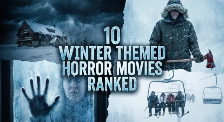 A chilly, winter-themed horror movie listicle cover image. The text "10 WINTER THEMED HORROR MOVIES RANKED" is displayed in the center in icy blue, frost-covered lettering. The background is a collage of four snowy scenes: top left shows a large, isolated hotel during a blizzard; top right features a menacing figure in a parka holding an axe; bottom left shows a frozen hand pressing against a frosted window with a terrified face behind it; and bottom right depicts a group of people stranded on a ski lift in whiteout conditions.