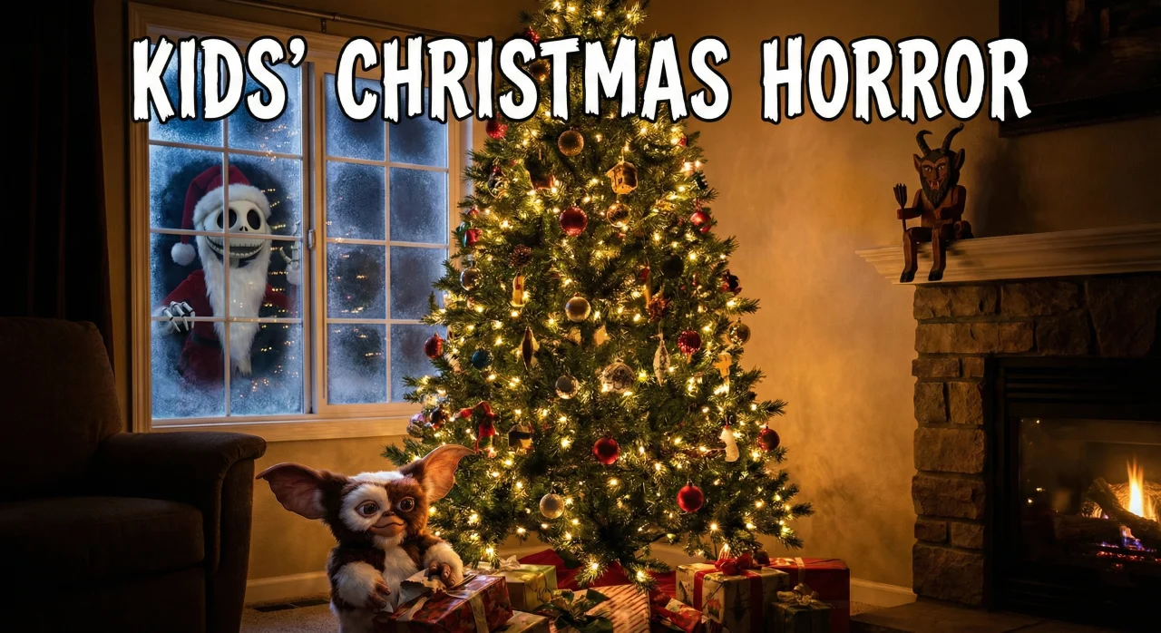 A festive and spooky blog cover image. The text "KIDS' CHRISTMAS HORROR" appears at the top in playful white letters. In a cozy living room, a small, furry, Gremlin-like creature is tearing open wrapped presents under a glowing Christmas tree. In the background, Jack Skellington wearing a Santa suit peers through a frosted window, while a small wooden Krampus figure sits on the fireplace mantel.