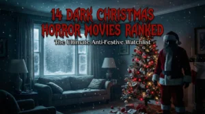 Cover image featuring the text "14 DARK CHRISTMAS HORROR MOVIES RANKED: The Ultimate Anti-Festive Watchlist" in red gothic letters, overlaid on a gloomy living room scene where a sinister, dark Santa Claus figure stands next to a lit Christmas tree while snow falls outside a large window.