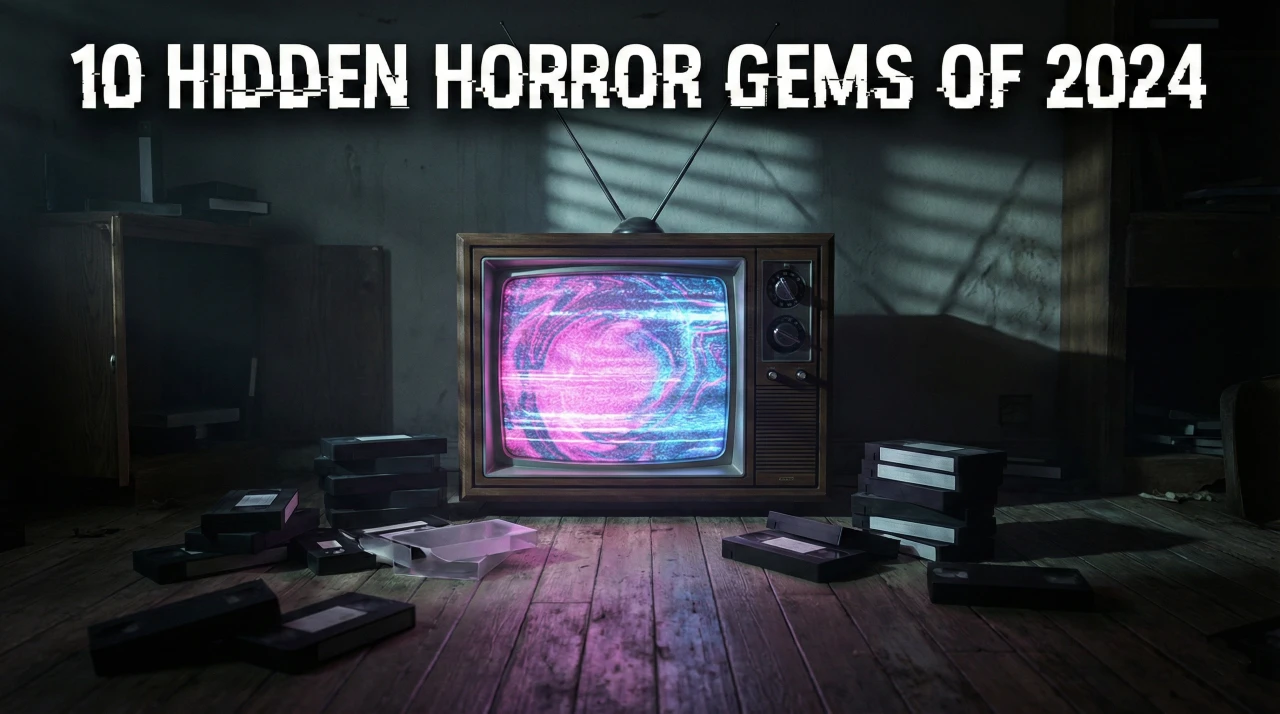 A dark, moody blog cover image featuring the white, glitch-effect text "10 HIDDEN HORROR GEMS OF 2024" at the top. Below it, a vintage wooden television set with rabbit-ear antennas sits on a worn wooden floor, its screen glowing with swirling pink and blue static. Scattered around the TV are numerous black VHS tapes and a couple of open tape cases in a dim, dusty room with old furniture and long shadows.