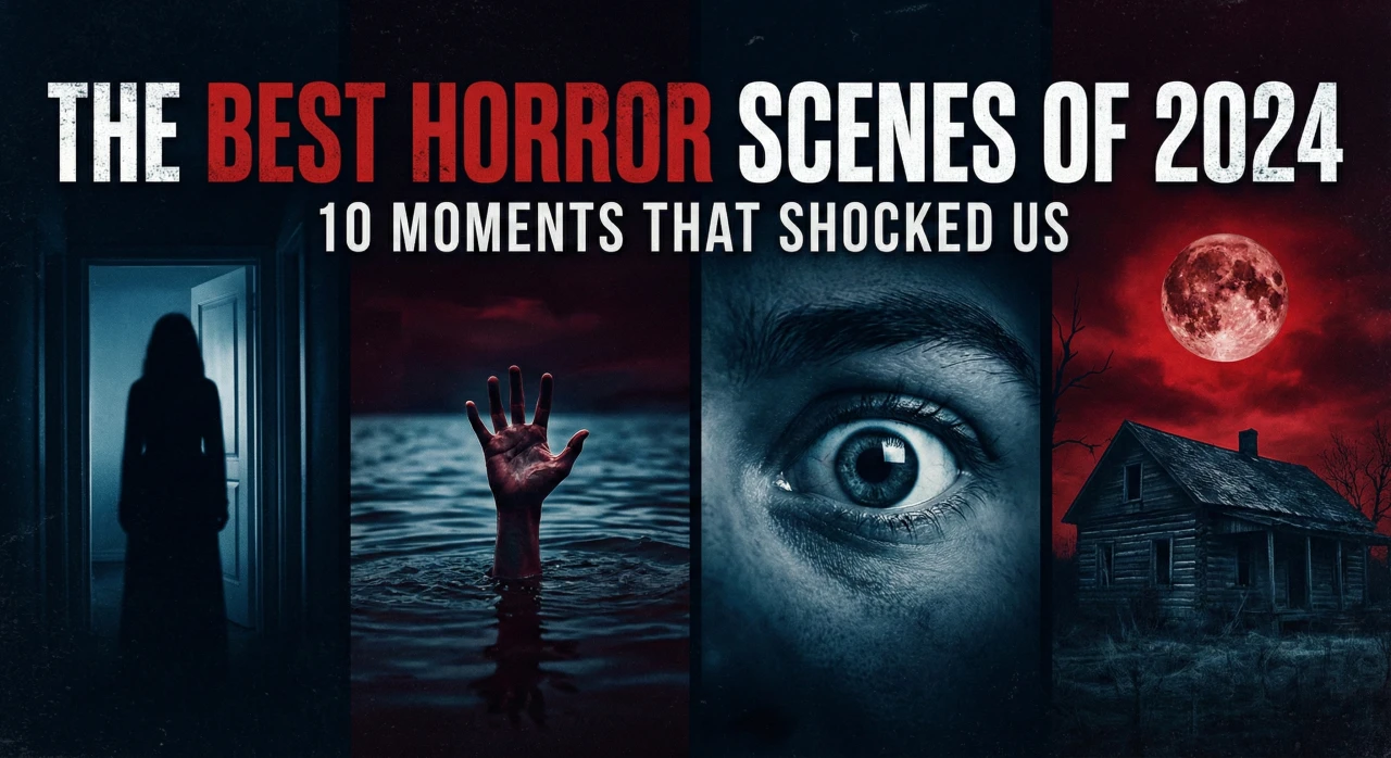 A cinematic horror movie listicle cover image featuring a split-screen design with four vertical panels showing classic horror tropes. From left to right: a silhouette standing in a dark doorway, a hand reaching out of dark water, a close-up of a terrified eye, and an old cabin under a blood-red moon. Overlay text reads "THE BEST HORROR SCENES OF 2024" in large white and red grunge font, with the subtitle "10 MOMENTS THAT SHOCKED US" below.