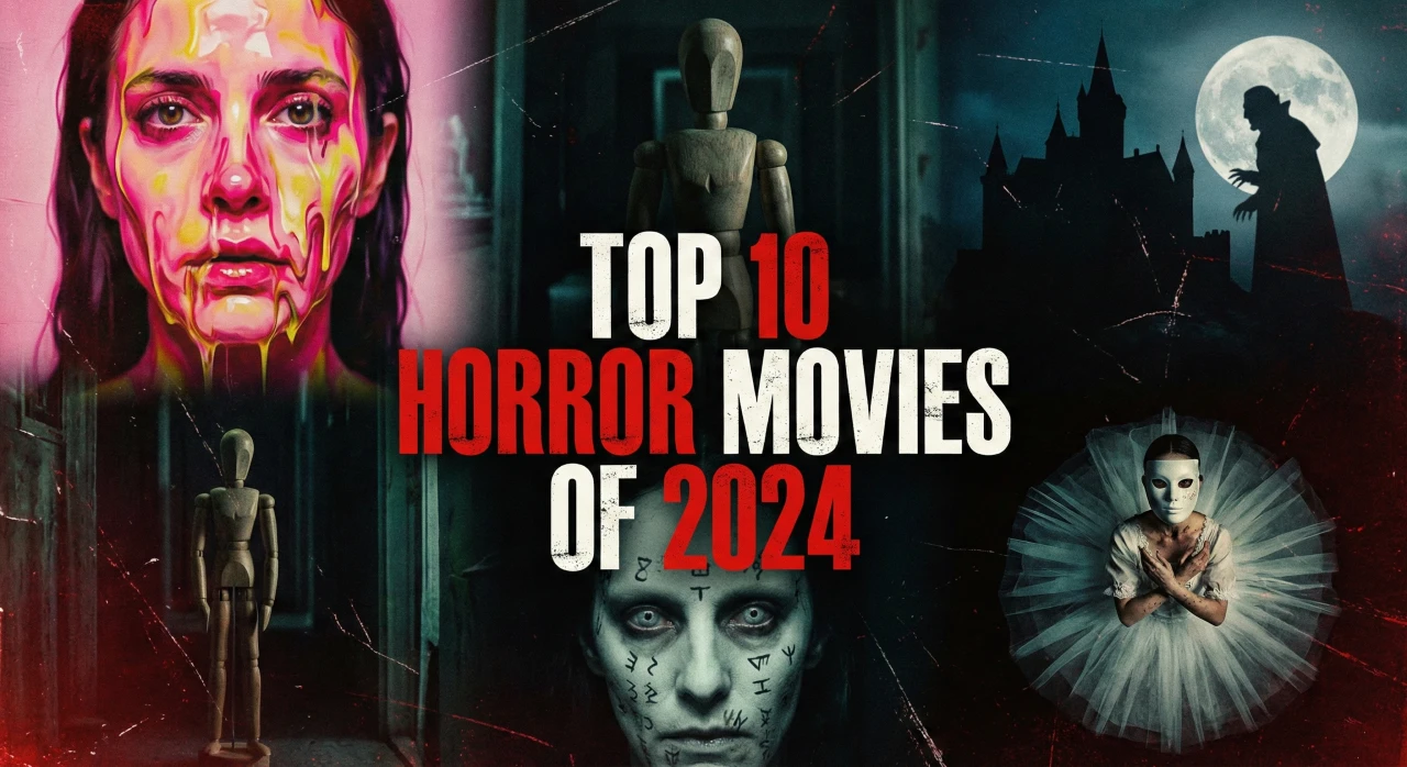 A cinematic collage cover image for a horror movie listicle. The text "TOP 10 HORROR MOVIES OF 2024" appears in bold white and red grunge lettering in the center. Surrounding the text are visual references to the year's films: a woman's face melting with neon pink substance, a creepy wooden mannequin standing in a dark hallway, a gothic vampire silhouette against a full moon, and a blood-splattered ballerina.