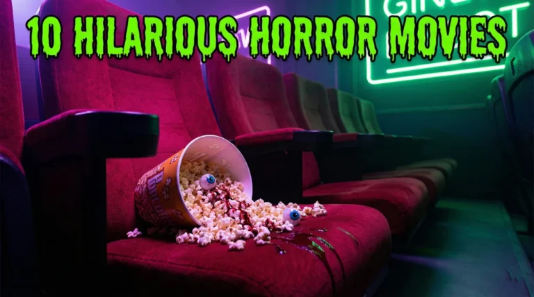 The image is a cinematic horror blog cover. It features a close-up of a red retro movie theater seat with a spilled bucket of popcorn lying on the cushion. Mixed in with the popcorn are cartoonish plastic eyeballs and splashes of fake blood. The scene is illuminated by vibrant neon purple and green lighting, creating a fun, spooky atmosphere. Text at the top reads "10 HILARIOUS HORROR MOVIES" in a gooey, bold, slime-green font.