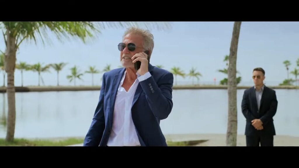 A screenshot from shark themed horror movie Great White Waters (2025)