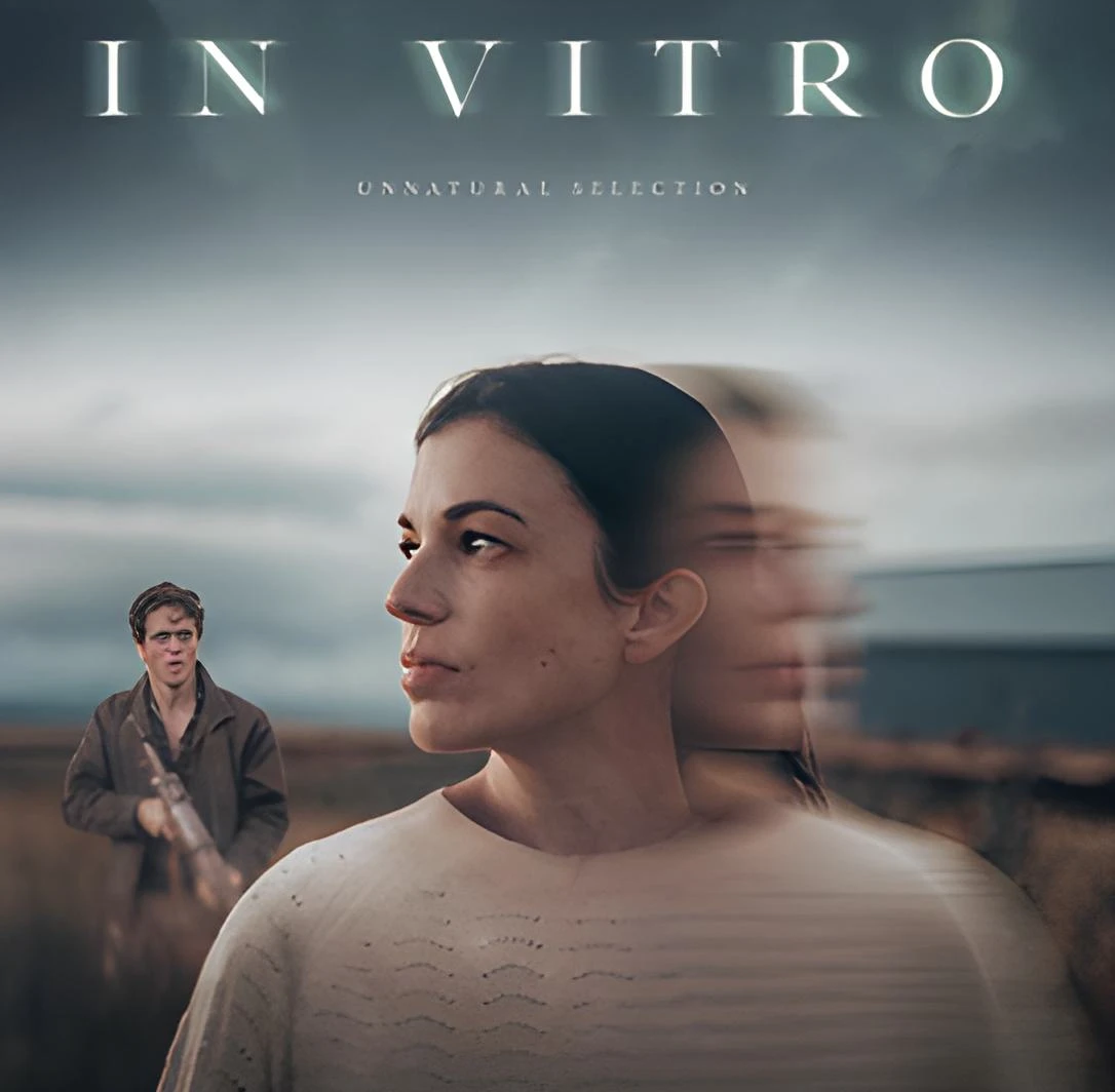 A movie poster for "In Vitro." The image shows a woman with dark hair in a profile view, looking to the left. A blurred, ghost-like double exposure of her face is slightly offset to the right. In the background, a man holding a rifle stands in a field under a cloudy, overcast sky. The title "IN VITRO" is displayed in large, spaced-out white letters at the top, with the subtitle "UNNATURAL SELECTION" underneath.
