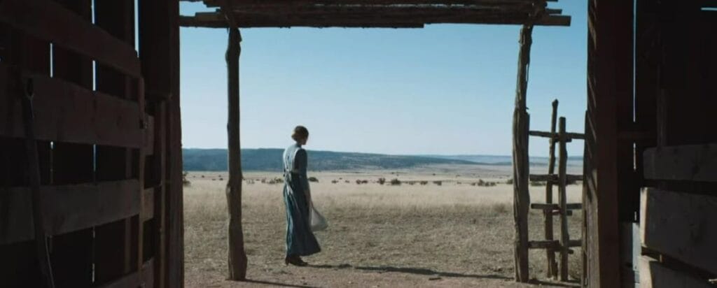 A screenshot from folk horror movie The Wind (2018)