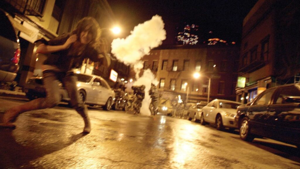 A screenshot from the found footage horror movie Cloverfield (2008)