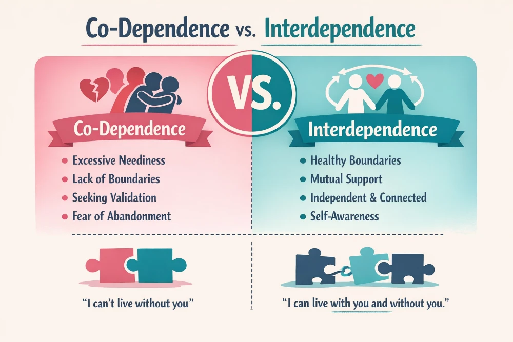 "Diagram comparing co-dependence and interdependence: Co-dependence shows two people clinging with traits like neediness, lack of boundaries, and fear of abandonment. Interdependence shows two people holding hands with traits like mutual support, healthy boundaries, and self-awareness, highlighting a balanced relationship.