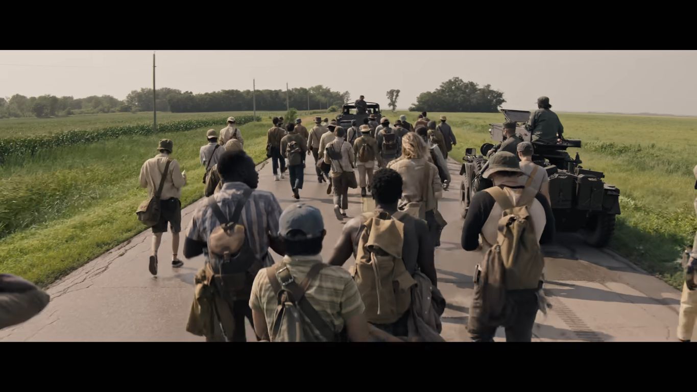 A screenshot from Stephen King adaptation horror thriller The Long Walk (2025)