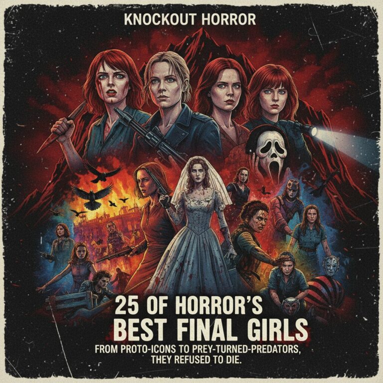 An illustrated movie poster for '25 of Horror's Best Final Girls,' featuring a montage of iconic female survivors in a gritty, retro comic-book style.