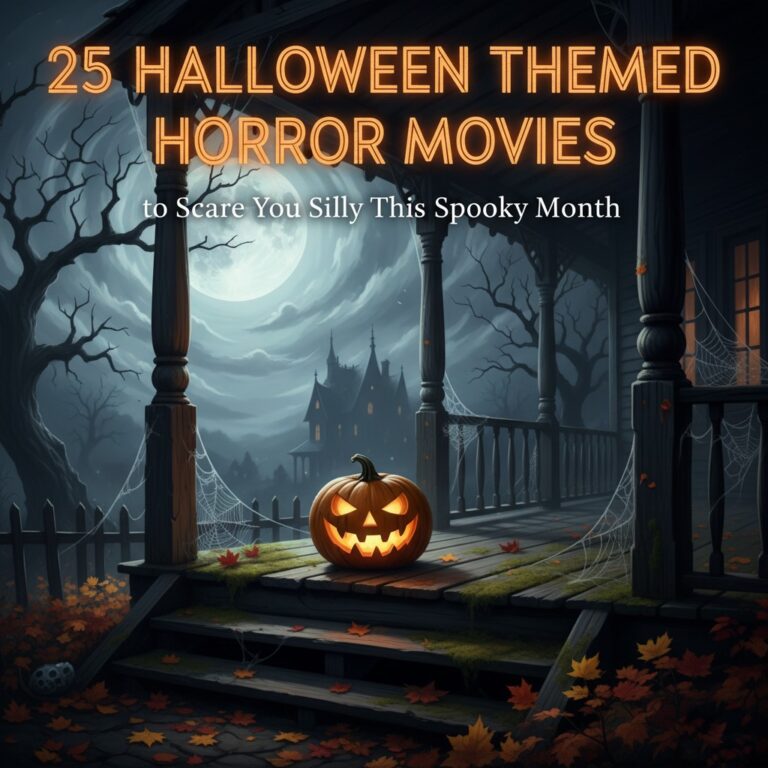 An illustrated movie poster for a list of Halloween themed horror movies. A scarecrow with a glowing jack-o'-lantern head stands on a path, with a haunted house under a full moon in the background. Other horror characters emerge from the mist behind him.