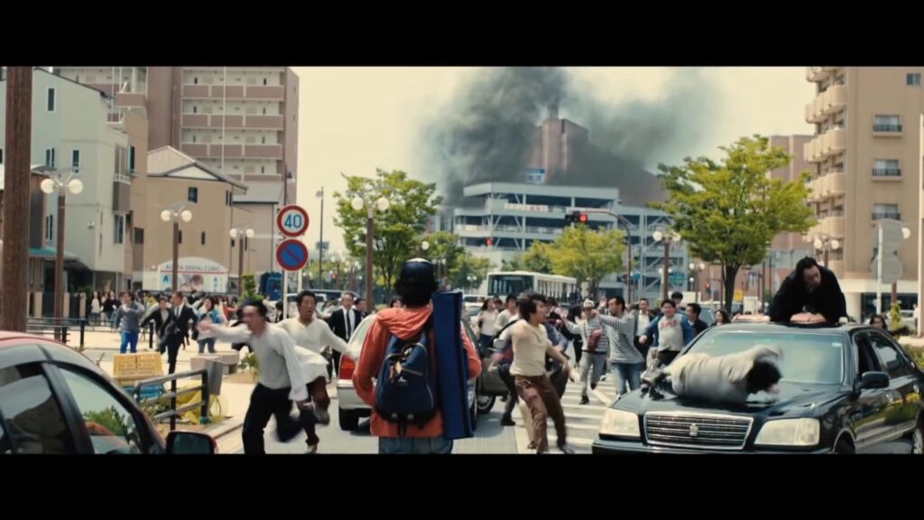 A screenshot from J-Horror zombie comedy movie I Am a Hero (2015)