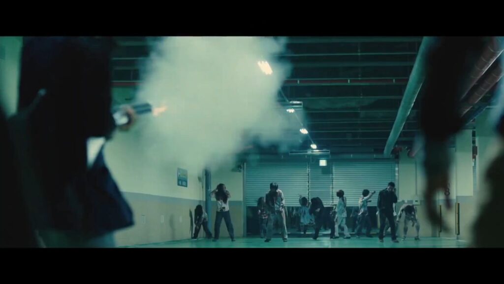 A screenshot from J-Horror zombie comedy movie I Am a Hero (2015)