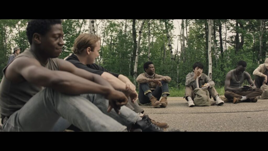 A screenshot from Stephen King adaptation horror thriller The Long Walk (2025)