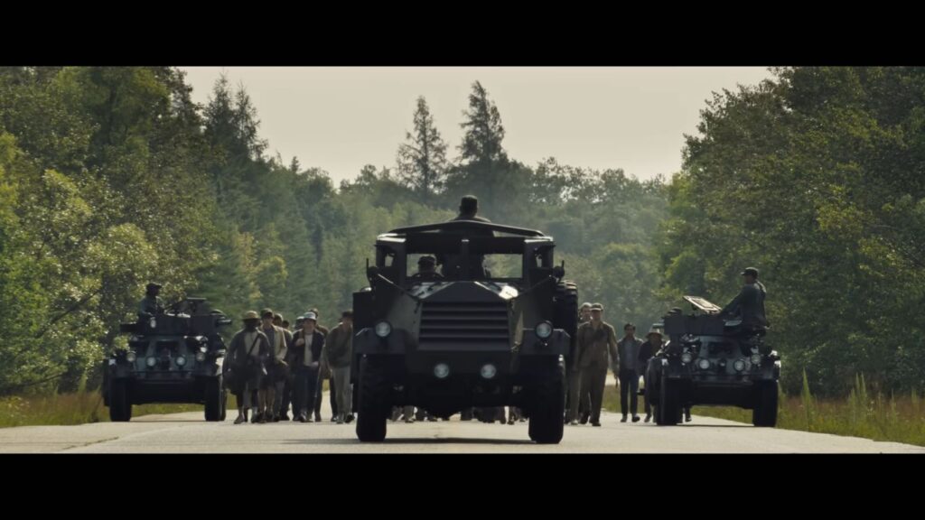 A screenshot from Stephen King adaptation horror thriller The Long Walk (2025)