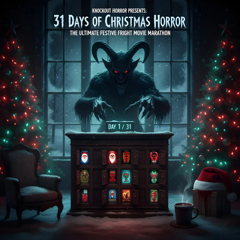 Join Knockout Horror's 31-day Christmas horror movie marathon! Get your daily festive fright with our ultimate list of killer Santas, winter chills & slashers.