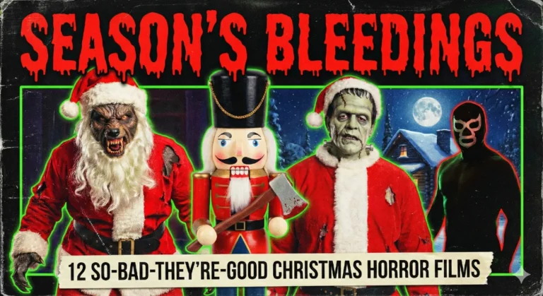 Retro VHS-style horror poster art titled "Season's Bleedings", featuring a snarling werewolf in a Santa suit, a creepy wooden nutcracker doll holding a bloody axe, and a masked luchador wrestler silhouette against a dark snowy background, with the subtitle "12 So-Bad-They're-Good Christmas Horror Films".